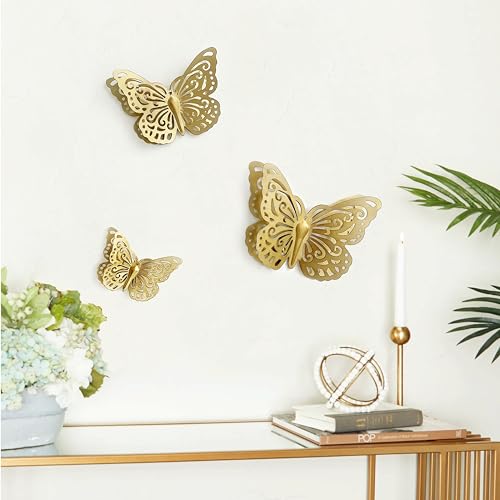 Gold Finish Metal Butterflies Wall Art Set of 3 Metal Wall Decor Butterfly Hanging Decor for Bedroom Bathroom Living Room Garden Kitchen (Rustic Butterfly-3)