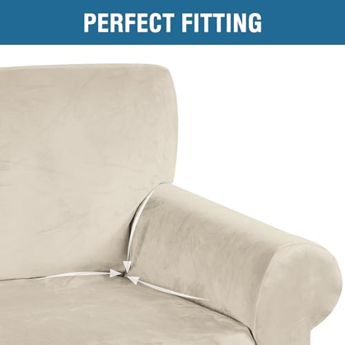 Stretch Velvet Sofa Covers for 3 Cushion Couch Covers Sofa Slipcovers Furniture Protector Soft with Non Slip Elastic Bottom (Ivory / Sofa)