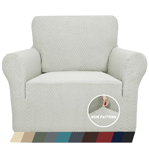 1 Piece Jacquard Chair Slipcovers for Living Room High Stretch Chair Covers with Arms Anti Slip Pets Friendly Couch Sofa Armchair Cover Furniture Protector (Small (31"-46") / Ivory)