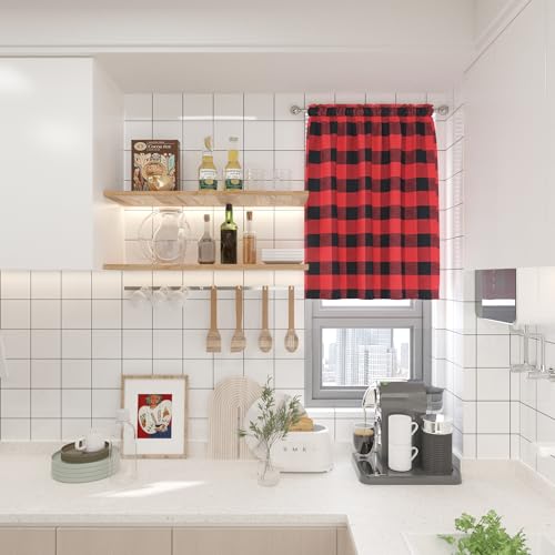 Buffalo Check Plaid Christmas Valances Gingham 2 Pack Tiers Rod Pocket Red and Black Farmhouse Short Curtains For Windows Decor Small Curtains Over Sink For Kitchen (34"W x 24"L (Pack of 2) / Red and Black)