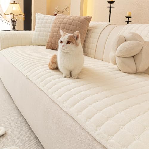 Velvet Sectional Couch Covers for Dogs (Beige White / 1PC/27.6"x83"/3 Seats & Long "L" Part)