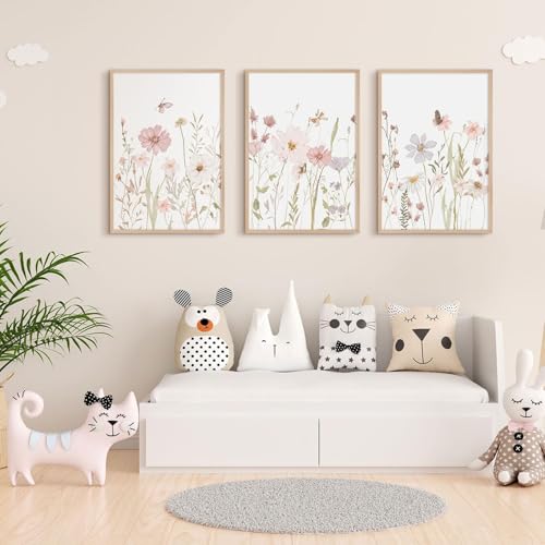 Wildflower Nursery Wall Art Pink Watercolor Floral Painting Baby Girl Nursery Canvas Wall Decor Vintage Botanical Flower Picture Boho Wildflower Prints for Bedroom 12x16x3 Inch Unframed (12x16 Inch Unframed / Pink Flowers Prints)