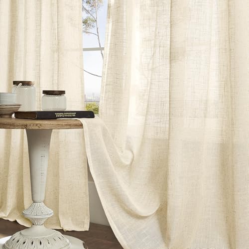 Beige Linen Sheer Curtains 90 inch for Living Room 2 Panels Set (52"W x 90"L (Pack of 2) / Beige)