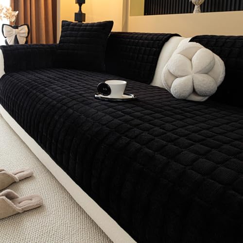 Velvet Sectional Couch Cover for 3 Seats (Black / 1PC/35.4"x83"/3 Seats & Long "L" Part)