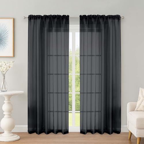 Black Sheer Curtains 72 Inch Long 2 Panels for Living Room 59" Wide (Black / 59"W x 72"L (Pack of 2))