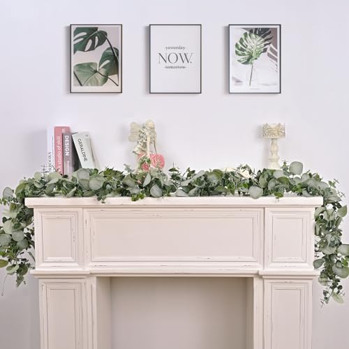 2 Packs 6FT Artificial Eucalyptus Garland Greenery Flowers Garland (Grey Green, White / 2 Packs)