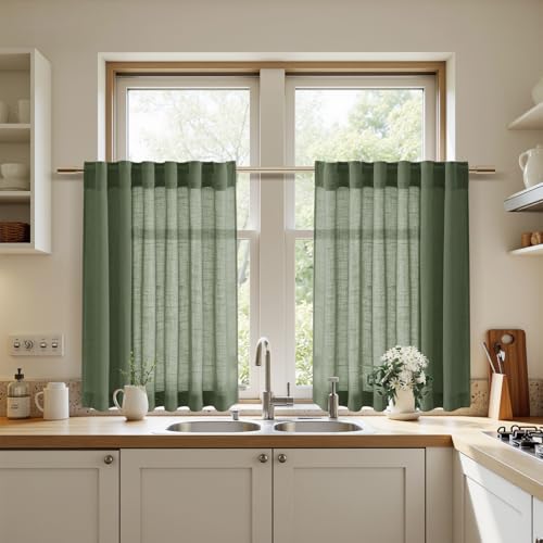 Short Linen Curtains 36 Inch Length for Kitchen Windows Over Sink Olive Green Light Filtering Back Tab and Rod Pocket Neutral Curtains for Cafe Basement 30 x 36 Inch (30"W x 36"L (Pack of 2) / Loden)