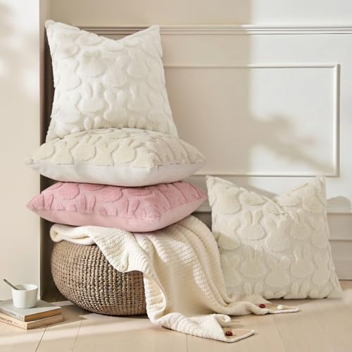 Cream White Faux Fur Bunny Throw Pillow Covers 12x20 Set of 2 (20" x 12" (Pack of 2) / Rabbits Cream White)