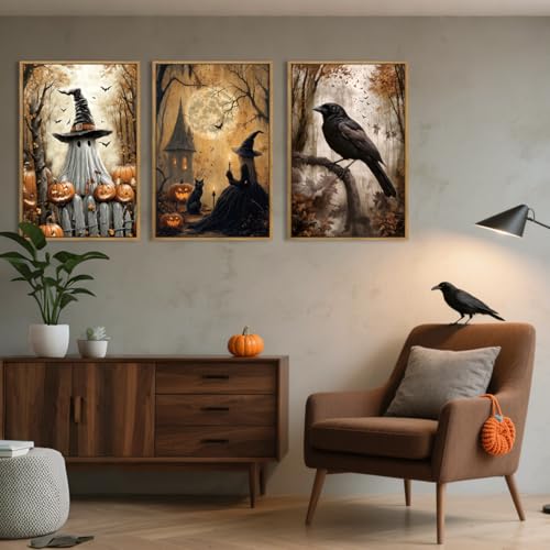 Large Vintage Halloween Wall Art Spooky Ghost Witch Wall Decor Black Cat with Crow Painting 16x24 Inch Set of 3 for Living Room Bedroom (Witch / 24"L x 16"W)