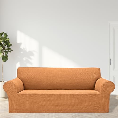 2026 New Stretch Sofa Slipcovers Couch Cover for 3 Cushion Furniture Protector Sofa Covers with Elastic Bottom Jacquard Fabric Small Checks for Pets (Golden / Sofa)
