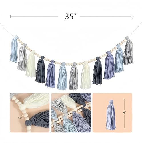 Tassel Garland with Wood Bead Jungle Leaves Garland Banner for Classroom Party Nursery Kids Bedroom Room Wall Birthday Baby Shower Wedding Decor (F)