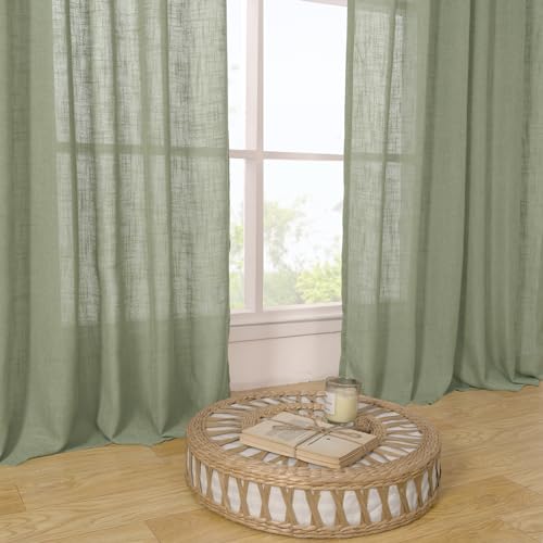 Semi Sheer Linen Curtains 45 Inches Long 2 Panels for Small Window (Sage Green / 52"W x 45"L (Pack of 2))