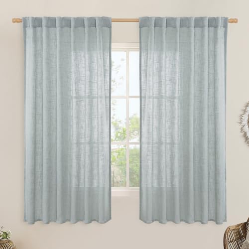 Faux Linen Curtains 63 inches Long for Bedroom (Greyish Blue / 52"W x 63"L (Pack of 2))