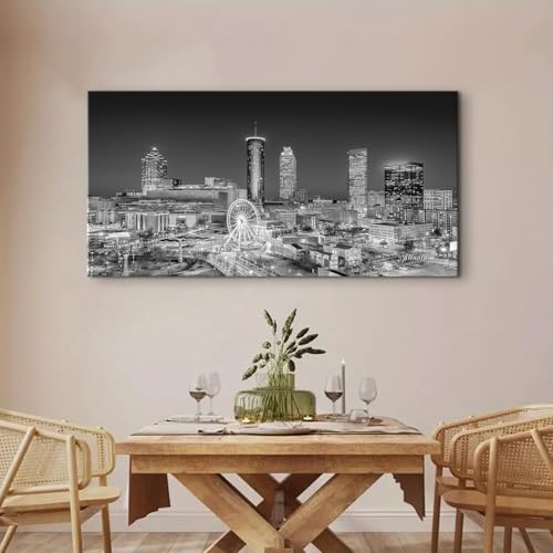Large Black and White Wall Art Atlanta Skyline Canvas Prints Atlanta City Night View Pictures Modern Panoramic Cityscape Painting Posters Ferris Wheel Canvas Artwork for Home Decorations 30x60" (60"L x 30"W / Atlanta)