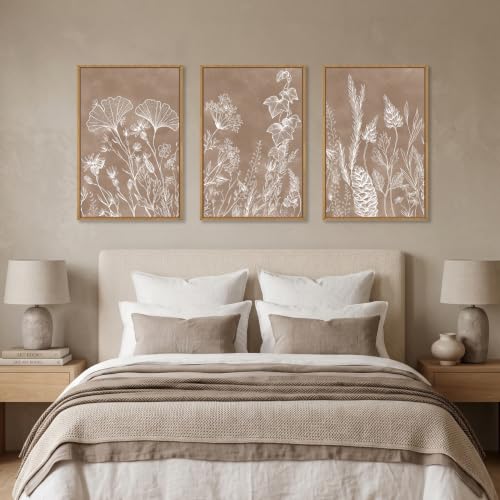 Vintage Brown Neutral Floral Framed Canvas Wall Art Set (Vintage Brown Floral Wall Art / 24"Lx36"W)