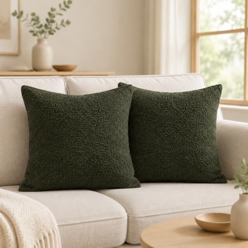 Boucle Throw Pillow Covers 16x16 inch Army Green (Army Green / 16" x 16" (Pack of 2))