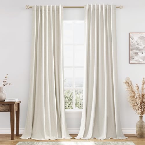 Extra Long 100% Blackout Linen Curtains for Bedroom 120 Inch Long 10 FT Natural Cream Black Out Curtain Back Tab Thermal Insulated Room Darkening Window Drapes for Living Room 2 Panels Beige Ivory (Cream / 52"W x 120"L (Pack of 2))