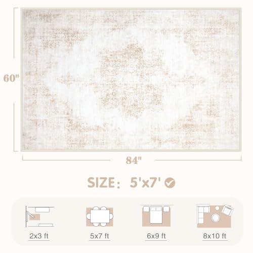 Area Rug 5x7 Vintage Rug (Beige / 5' x 7' (Rectangular))