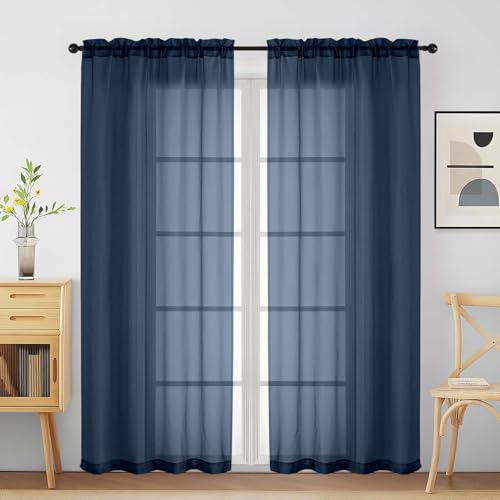 Navy Blue Sheer Curtains for Window 72 inches Long 2 Panels Set (42"W x 72"L (Pack of 2) / Navy Blue)
