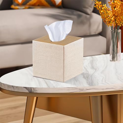 PU Leather Tissue Box Cover Square (Beige+wood / Large)