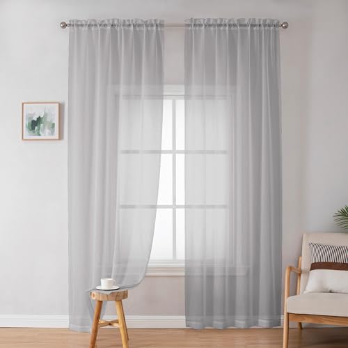 Sheer Curtains 96 inches Long for Bedroom Living Room (Light Grey / 42"W x 96"L (Pack of 2))