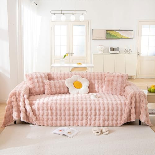 Faux Fur Plush Sofa Covers for Couch Washable Rabbit Plush Couch Cover Cozy Faux Fur Sectional Covers for Dogs Fluffy Plush L Shaped Sofa Cover Pet Couch Protector (71" x 134" / Z-plush:pink)