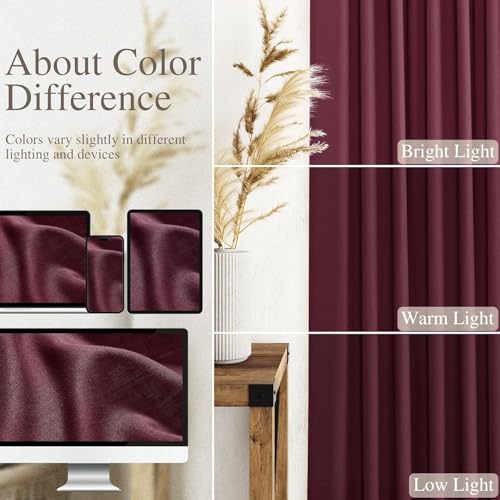 Burgundy Linen Curtains 132 Inch Length for Living Room Light Filtering Semi Sheer Curtain Back Tab Vintage Boho Decor Drapes Floor to Ceiling High Window for Bedroom 52x132 (52"W x 132"L (Pack of 2) / Burgundy)