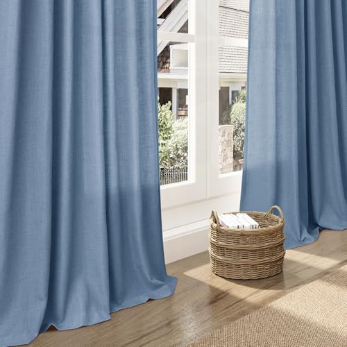 Stone Blue Linen Curtains 96 Inches Long for Bedroom Back Tab Modern Simplicity Farmhouse Coastal Decor Light Filtering Curtain for Living Room Dinning Room 52x96 8 FT (52"W x 96"L (Pack of 2) / Stone Blue)