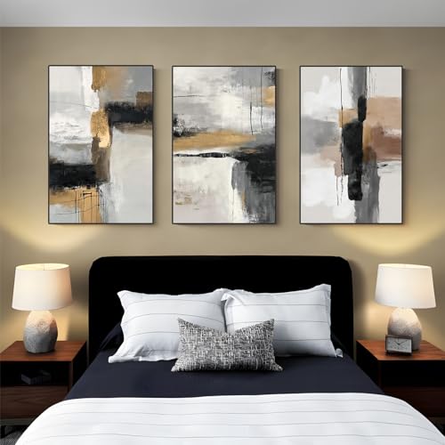 Neutral Abstract Wall Art Set of 3 Framed Canvas Prints (Neutral Textures / 24"L X 16"W)