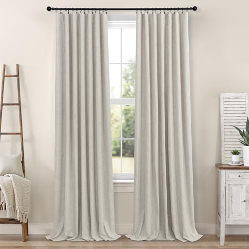 Black Out Linen Curtains 108 Inches Long for Living Room 2 Panels Set Total Blackout Flax Pleated Drapes Back Tab Neutral Boho Ceiling Floor 108 Inch Window Curtains Bedroom Cottage Core Stone Taupe (Stone / 52"W x 108"L (Pack of 2))