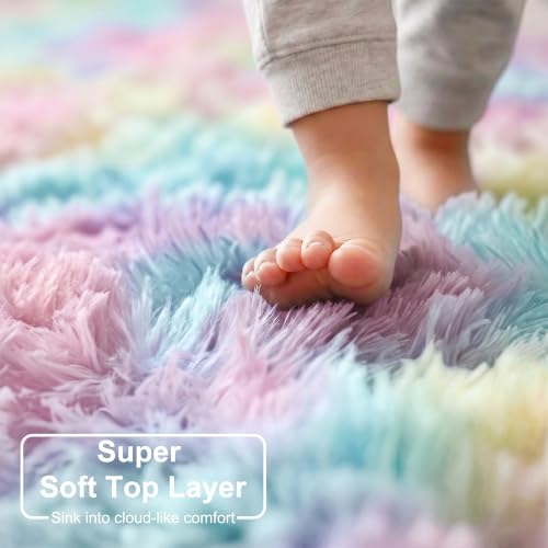 Rainbow Unicorn Pastel Round Circle Rug 5Ft for Kids Girls Bedroom (Rainbow / 5' (Round))