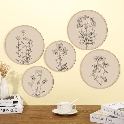5 Pcs Boho Wall Decor Wood Circle Wall Art Set (Floral)