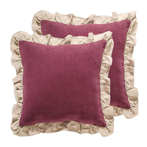 Vintage Red Linen Throw Pillow Covers (Coomburg Rose / 18" x 18" (Pack of 2))