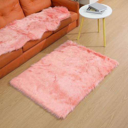 Faux Fur Rug Sheepskin Shag Fluffy Fuzzy Pink 3x4 ft Rugs for Bedroom Bedside Bed Floor Living Room Plush Rectangle High (4' x 3' (Rectangular) / Pink)
