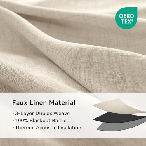 100% Blackout Linen Curtains 96 Inch Long 2 Panels Set (Burl | Natural Flax / 50"W x 96"L (Pack of 2))