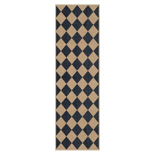 Checkered Easy Jute Non Slip Kitchen Runner (2'6" x 8' (Runner) / Black/Checkerboard -2)