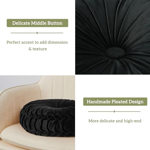 Set of 2 Black Velvet Decorative Round Pleated Throw Pillows (Black)
