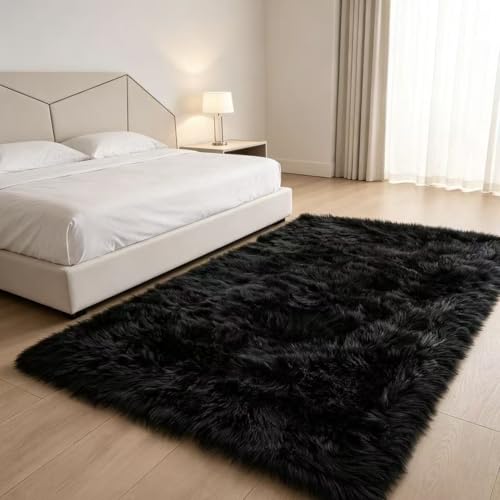Faux Fur Rug Black Sheepskin Area Rug (Black / 4' x 6' (Rectangular))