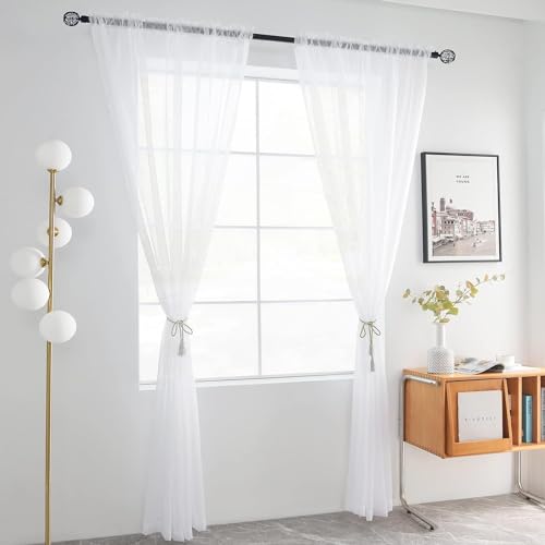 Solid Sheer Rod Pocket Curtain Voile Draperies 2 Panels White Beige Black Grey Coffee 60 Inch Width 63 Inch Long 1 Pair for Kitchen Bedroom Children Living Room Yard (White / 60"W x 63"L (Pack of 2))