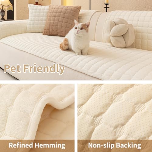 Velvet Sectional Couch Covers for Dogs (Beige White / 1PC/27.6"x59"/Loveseat & Short "L" Part)