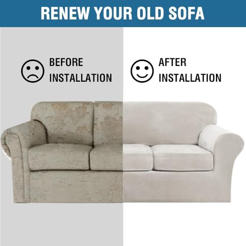 High Stretch Sofa Slipcover 4 Piece Cover Velvet Furniture Protector Form Fit Thick Velvet Extra Large Sofa Cover for 3 Cushion Couch Width Up to 97 Inch (3 Cushion Large Sofa / Oatmeal)