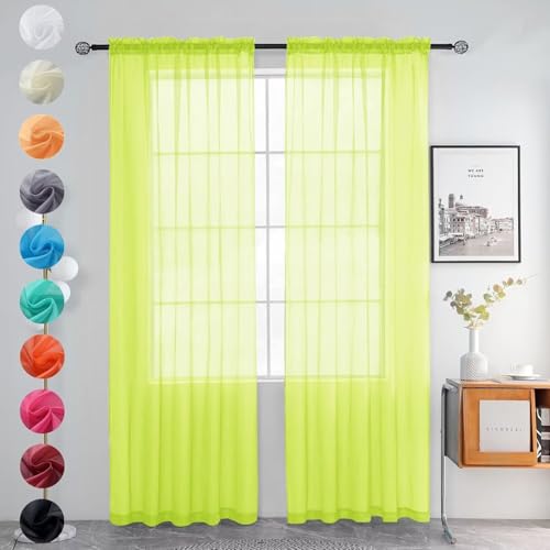 Solid Sheer Rod Pocket Curtain Voile Draperies 2 Panels White Beige Black Grey Ivory 52 Inch Width 96 Inch Long 1 Pair for Kitchen Bedroom Children Living Room Yard (Chartreuse / 52"W x 96"L (Pack of 2))