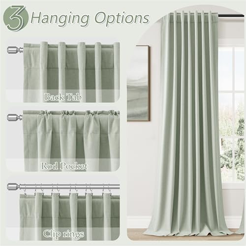 Mist Sage 100% Blackout Linen Curtains 96 Inch Length 2 Panels Set for Living Room Bedroom Back Tab Thermal Insulated Black Out Drapes Room Darkening Farmhouse Style for Bedroom Window Curtains (Mist Sage / 52"W x 96"L (Pack of 2))