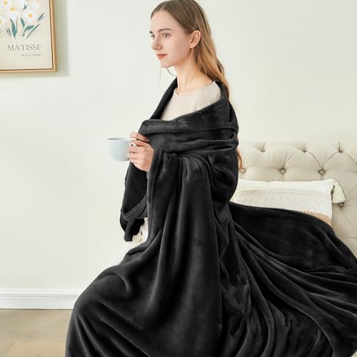 Fleece Blanket Soft Plush Queen Size Bed Blanket Black 90"x90" (Black / Queen(90"x90"))