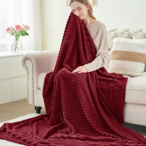 Ribbed Jacquard Burgundy Fleece Twin Blanket for Couch (Burgundy / Twin(60"x80"))