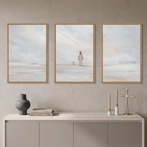 Watercolor Jesus Leaves the 99 Sheep Framed Canvas Wall Art (Jesus Leaves the 99 Sheep Wall Art / 24"Lx36"W)
