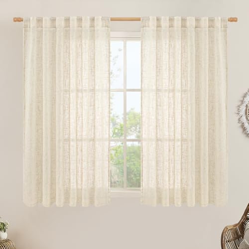 Beige Linen Curtains 45 Inches Long for Bedroom Small Window (Beige / 52"W x 45"L (Pack of 2))