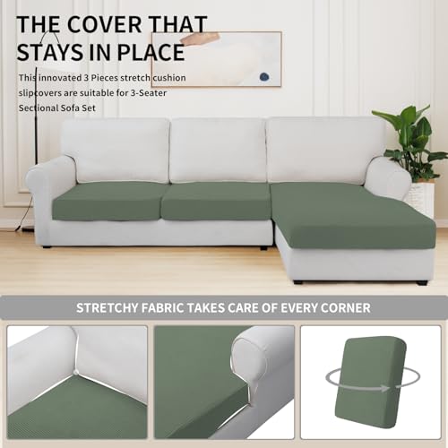 Stretch 3 Pieces Couch Cushion Covers for Sectional Sofa Left (2 Seater + 1 Chaise / Greyish Green)
