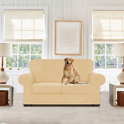 Velvet Stretch 3 Pieces Couch Cover for Sofa Washable (Medium / Champagne)