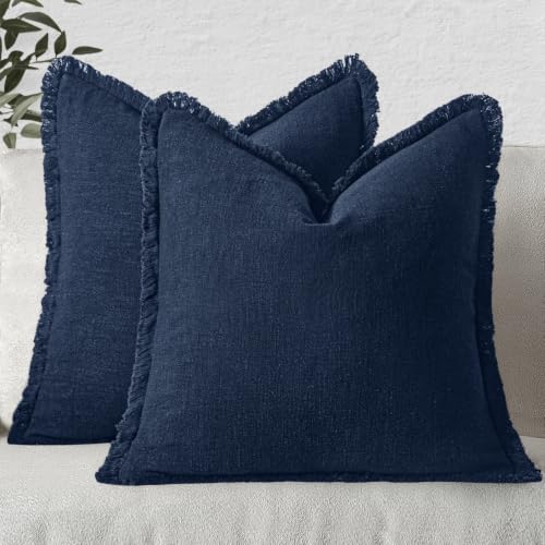 Linen Fringe Decorative Euro Throw Pillow Covers Dark Navy 26x26 (26" x 26" (Pack of 2) / Dark Navy)